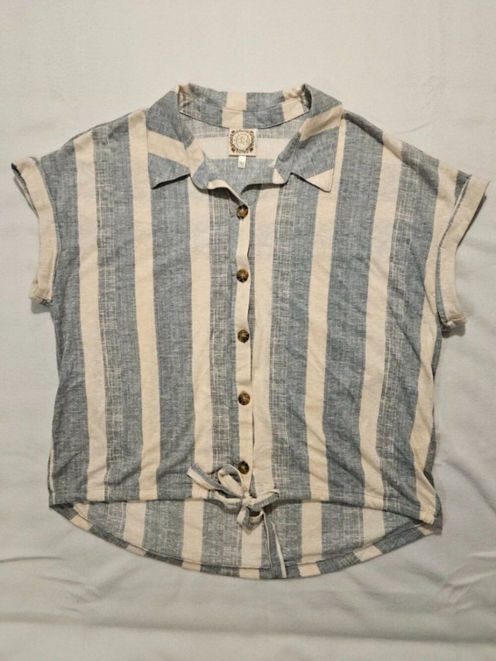 Tru Self Coastal Blue Cream Striped Slub Tie Front Button Down Shirt -‎ L